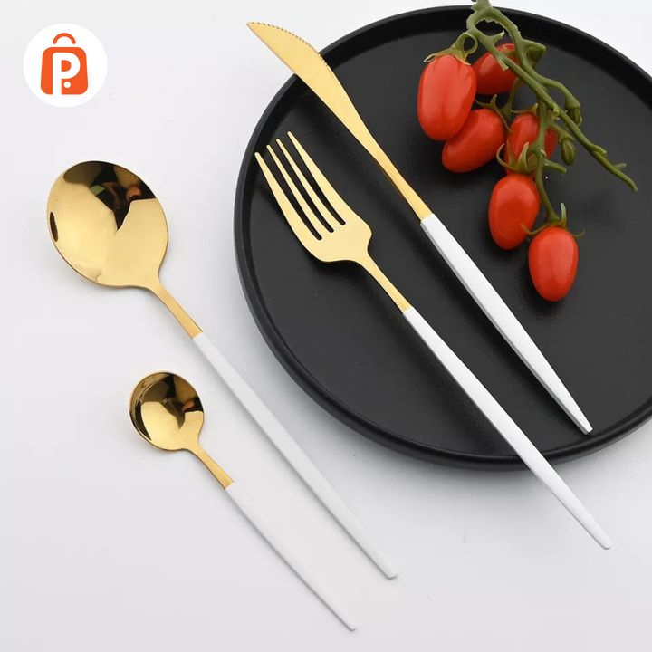 24 KARAT Gold Plated Cutlery Set - Black/Silver/Blue