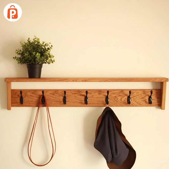 Premium Oak Wood Hybrid Wall Hanging Rack & Shelf