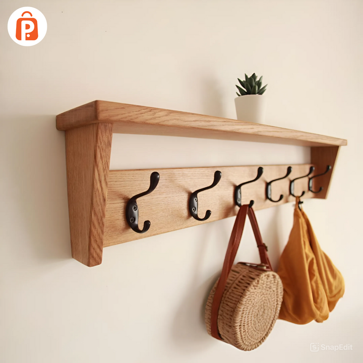 Premium Oak Wood Hybrid Wall Hanging Rack & Shelf